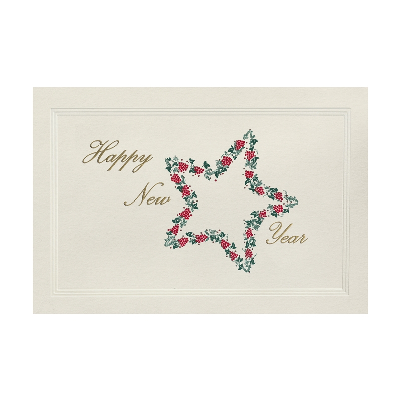 Holiday Greeting Cards - Engraved Green/Red Star - Gold Happy New Year - 2014